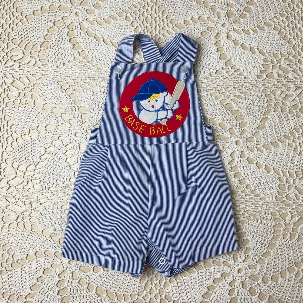 Vintage 1990s Color Kids Baby Boy 12 Months Striped Baseball Shortall Romper